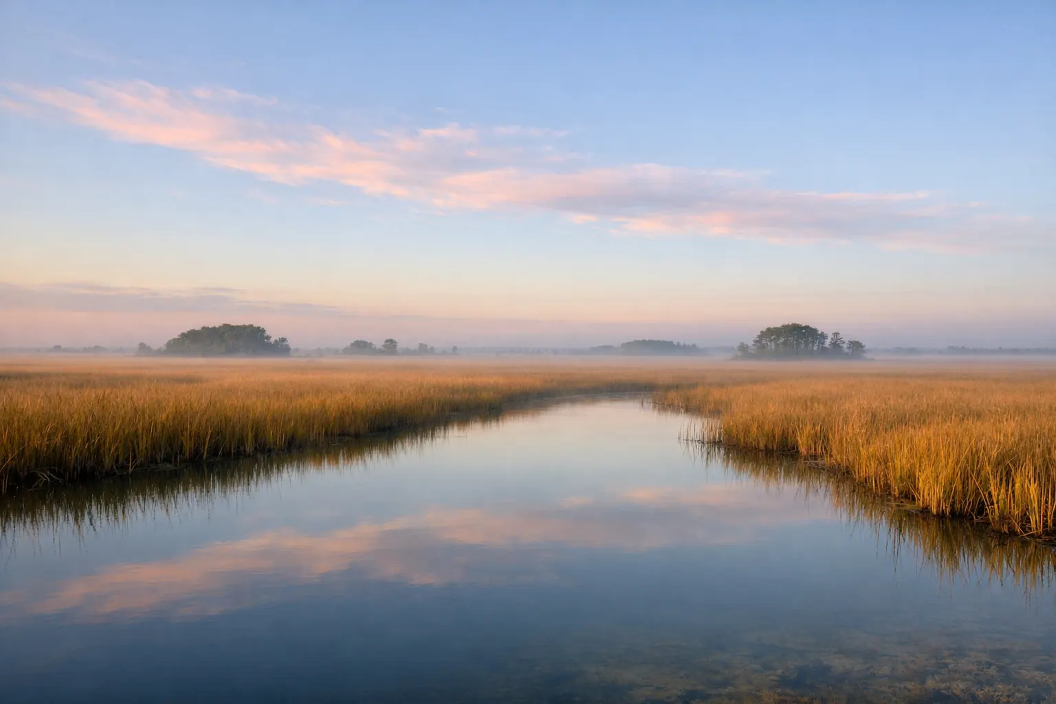 The Everglades at dawn: a low horizon of golden sawgrass and still water reflecting a soft sky
