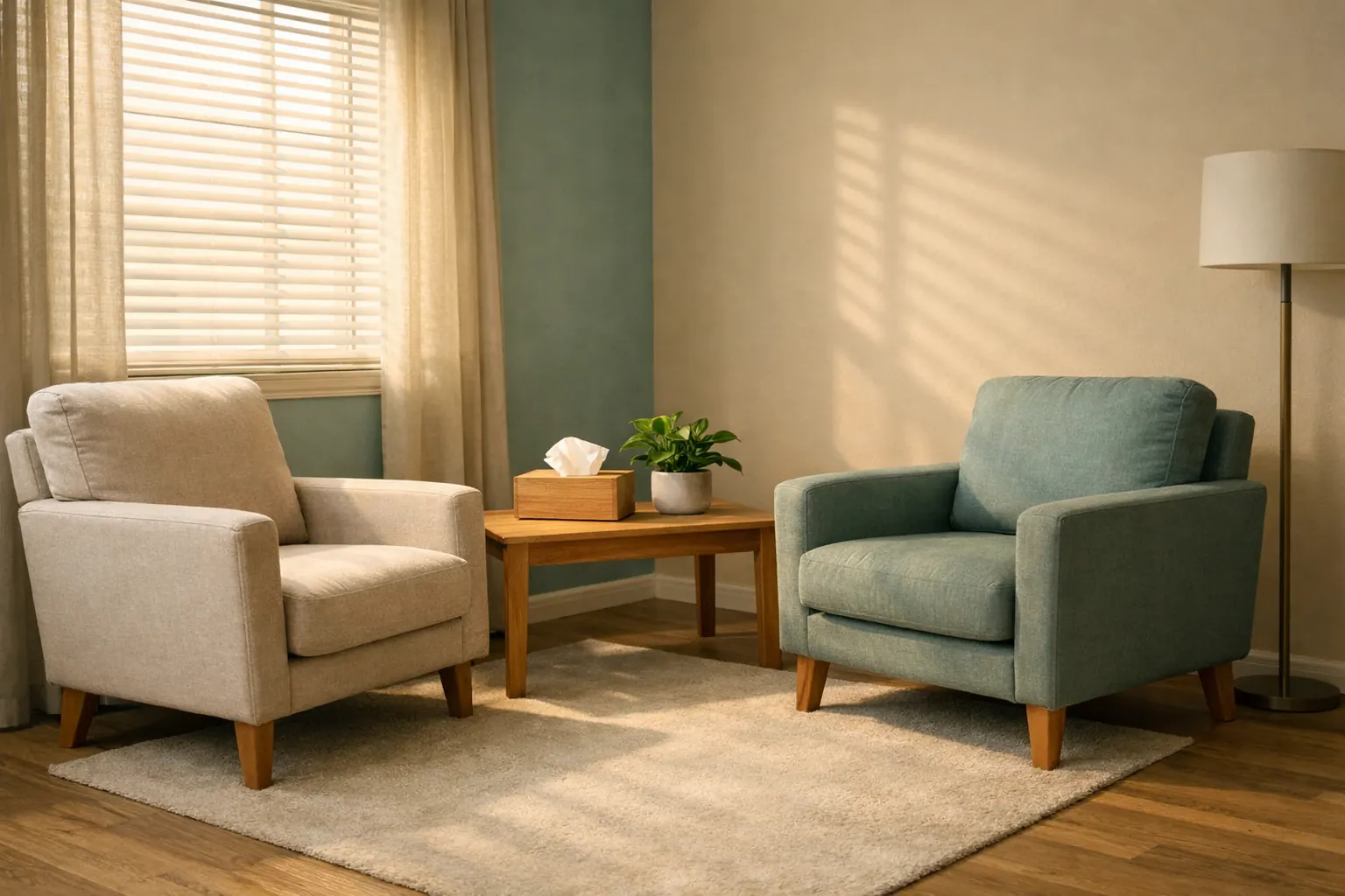 Calm counseling room with two armchairs and afternoon light through blinds