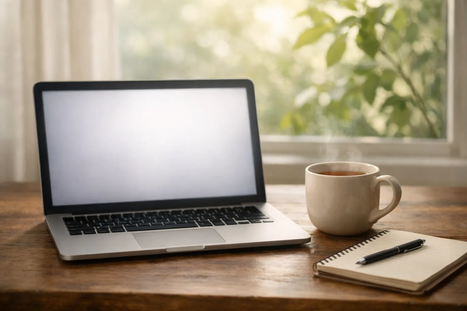 Laptop on a wooden table by a sunny window, ready for an online session